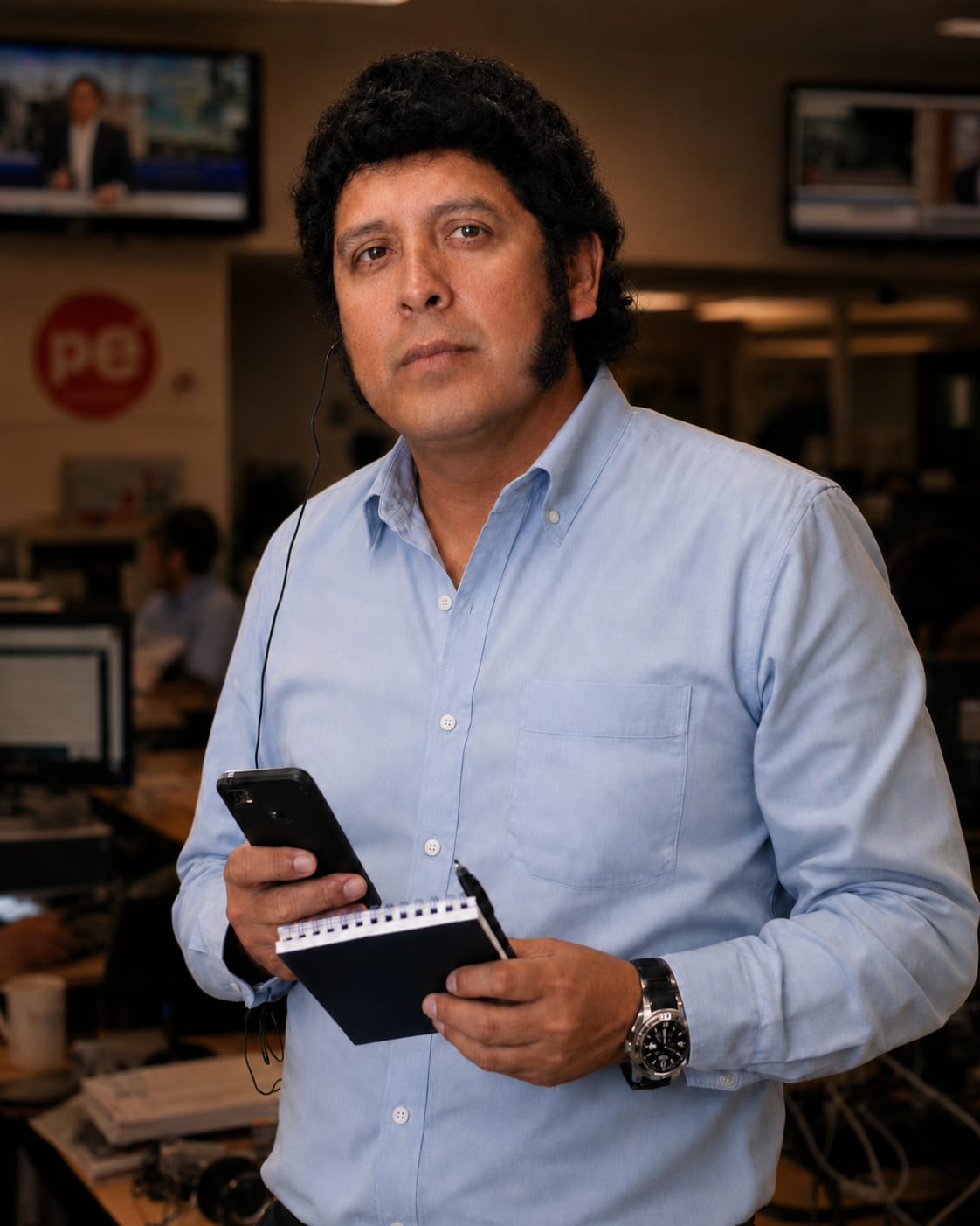 Pedro González Toledo, con libreta y celular, en una sala de redacción